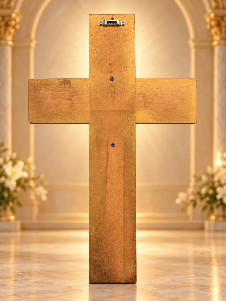 Reverso de crucifijo de madera en capilla luminosa.webp