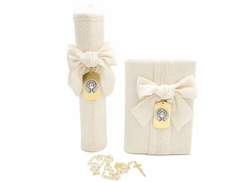 [3B4A11237] Set Premium de Primera Comunión Lino Natural con Rosario de Perla y Cristal 3B4A11237