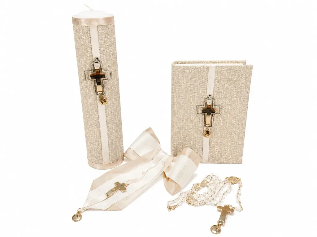 [3B4A11249] Set de Biblia Latinoamericana, Vela Decorada, Rosario y Moño para Primera Comunión con Cruz Dorada y Dije "FE" 3B4A11249